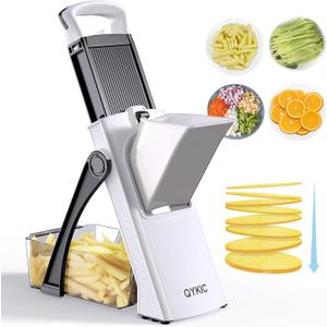 QYKIC Upgrade Safe Mandoline Slicer for Kitchen, Vegetable Chopper and Slicer, Potato Slicer Thickness Adjuster, French Fry Cutter, Kitchen Chopping Artifact (White)