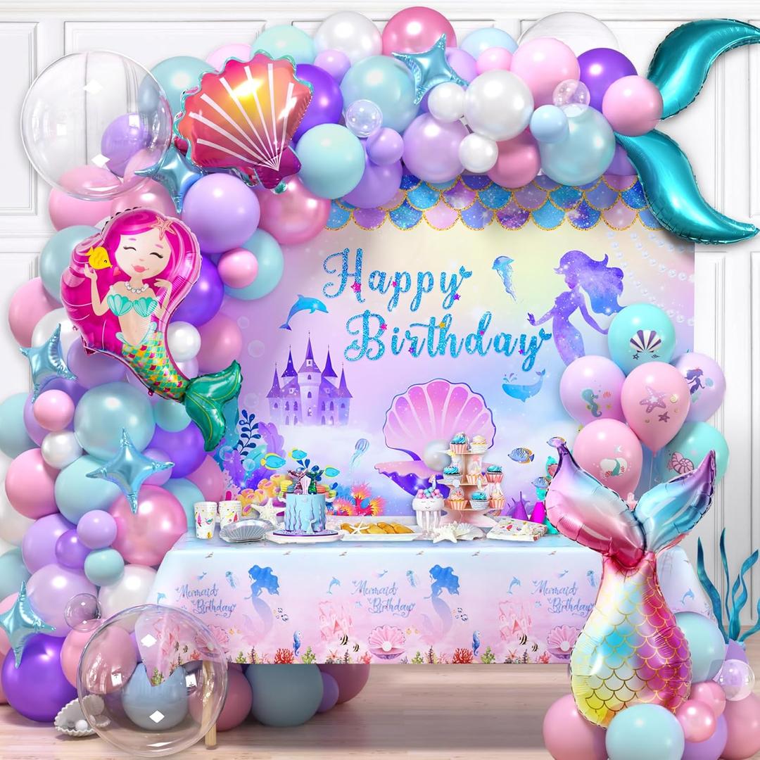Winrayk Little Mermaid Party Decorations Birthday Supplies Girls, Pink Purple Balloon Arch kit, Backdrop, Tablecloth, Bobo & Tail Shell & Printed Balloons, Princess Theme Mermaid Birthday Decorations