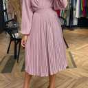 PRETTYGARDEN Women's Spring Midi Dress Long Puff Sleeve Wrap V Neck Flowy Ruffle Pleated Casual Fall Dresses (Pink, L)