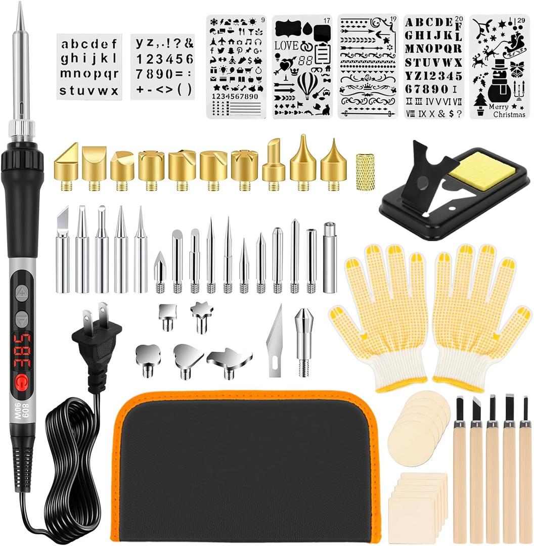 100W Wood Burning Kit with Digital Pen & LED Display, 60PCS Adjustable Wood Burner Tool (180520C), 28 Tips & 7 Stencils, for Beginners and Adults, Solder/Hot Knife Functions, Stand, Gloves & Case