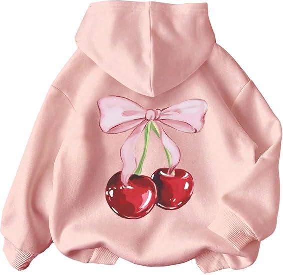 WDIRARA Girl's Cherry Graphic Hoodie Long Sleeve Hooded Sweatshirt Cute Pullovers Tops 14 Y
