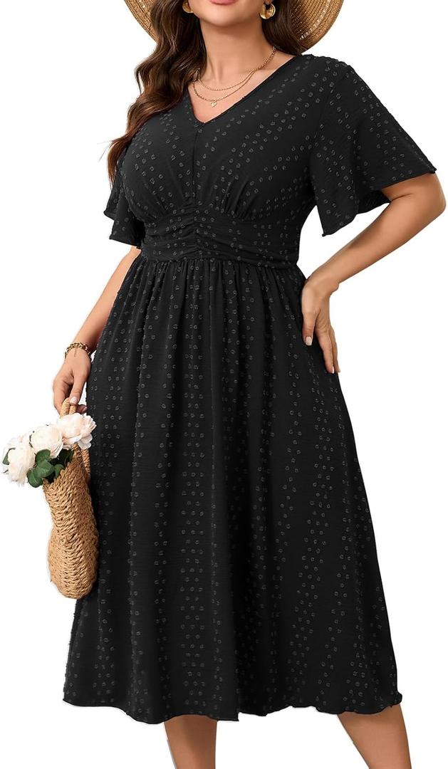 RWJ Women's Plus Size Maxi Dress V Neck Short Sleeve Swiss Dot A Line High Waist Boho Swing Casual Summer Dresses Size 1XL
