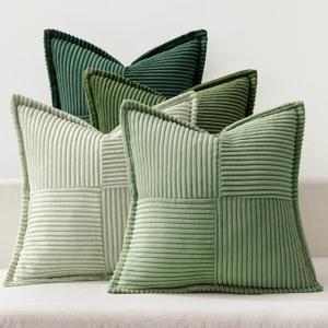 MIULEE Summer Green Decorative Throw Pillow Covers 18x18 Inch 4 Packs Soft Boho Farmhouse Pillow Cases Mordern Corduroy Patchwork Cushion Cases for Couch Sofa Bed Gradient Home Decor