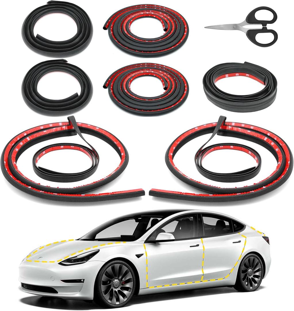 Car Weather Stripping for Tesla Model 3, Soundproof Seal for Wind Noise Reduction, Door & Trunk & A/B Pillar Rubber Seals