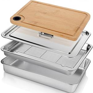 Gisafai 20 x 14 Inch Large Grilling Prep and Serve Trays 5-in-1, Stainless Steel Food Prep Tray Set Grill Carry System Marinade Container with Lid Cooling Rack Gifts for Outdoor BBQ Accessories