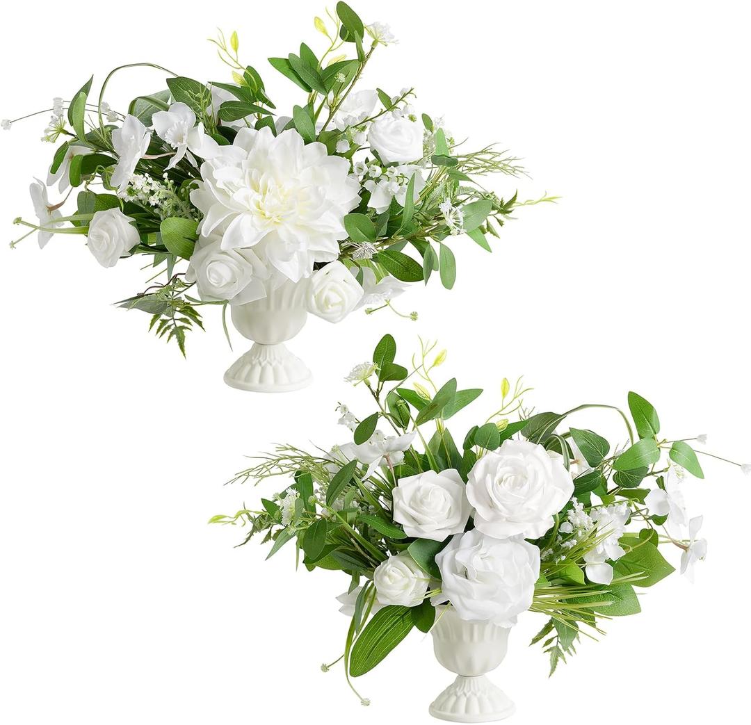 Ling's moment Green White Artificial Flowers with Vase Wedding Table Decor Bouquet Centerpiece Flower Potted for Ceremony Reception Desk Flowers Mantel Archway Aisle, Set of 2