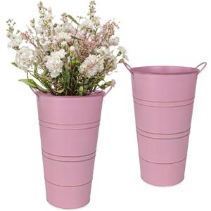 12 Inch Galvanized Metal Vases for Flowers - 2 Pcs Farmhouse Decorative Tall Flower Bucket with Handles, Rustic French Tin Planter Buckets for Wedding Decor (Pink)