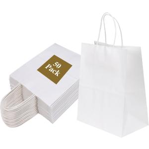 Joybe 50 Pack 8x4.75x10 Inch Medium White Kraft Paper Bags with Handles Bulk, Craft Paper Gift Bags for Party Favors Grocery Retail Shopping Business Goody Merchandise Take Out Blank Sacks (50pcs)