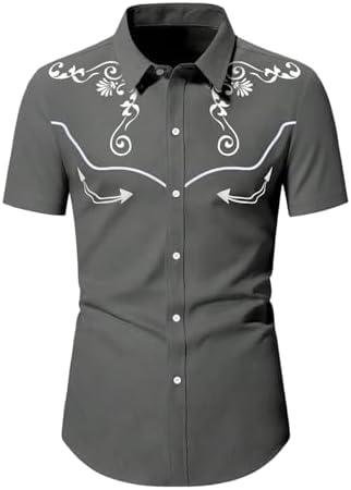 BEAUDRM Men's Retro Print Western Shirt Button Down Collared Short Sleeve Cowboy Tops Dark Grey Medium