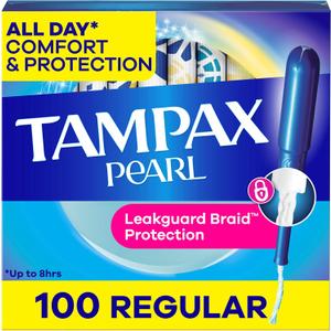 Tampax Pearl Tampons Regular Absorbency, with Leakguard Braid, Unscented, 50 Count x 2 Packs (100 Count Total) 