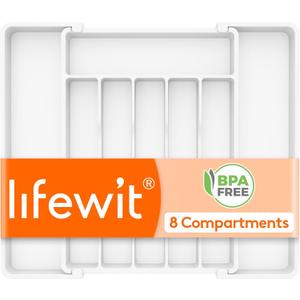Lifewit Silverware Drawer Organizer, Expandable Utensil Tray for Kitchen, BPA Free Flatware and Cutlery Holder, Adjustable Plastic Storage for Spoons Forks Knives, 10.9"-17.5" x 13.7", White