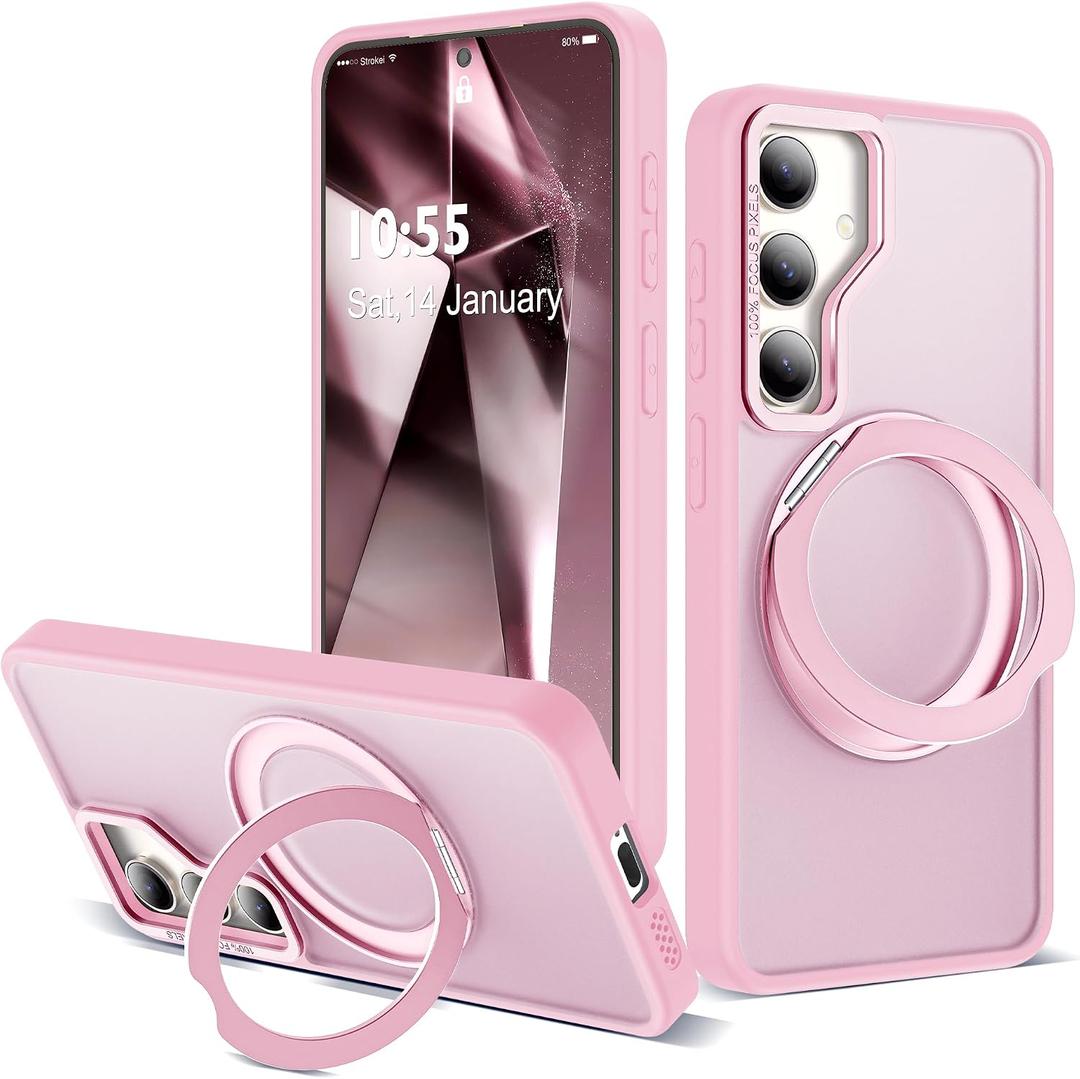 Compatible with Samsung Galaxy S24 Plus Case with 360Rotatable Magnetic Ring Stand Compatible with Mag-Safe Military Protection Matte Translucent Phone Case for Galaxy S24+,Pink