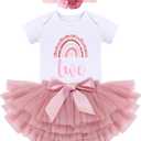 ODASDO Baby Girl Boho Rainbow 1st 2nd Birthday Cake Smash Outfit Romper Tutu Skirt Headband 3pcs Set Photo Props (2T, Dusty Pink - Two)