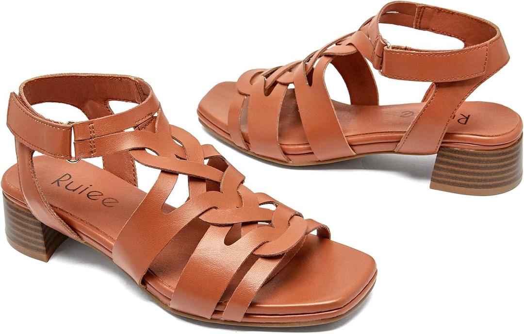 Ruiee Women's Heels Chunky Heeled Sandals for Women, Summer Block Low Heels Ankle Strappy Square Open Toe Dressy Wedding Womens Sandals Size 11