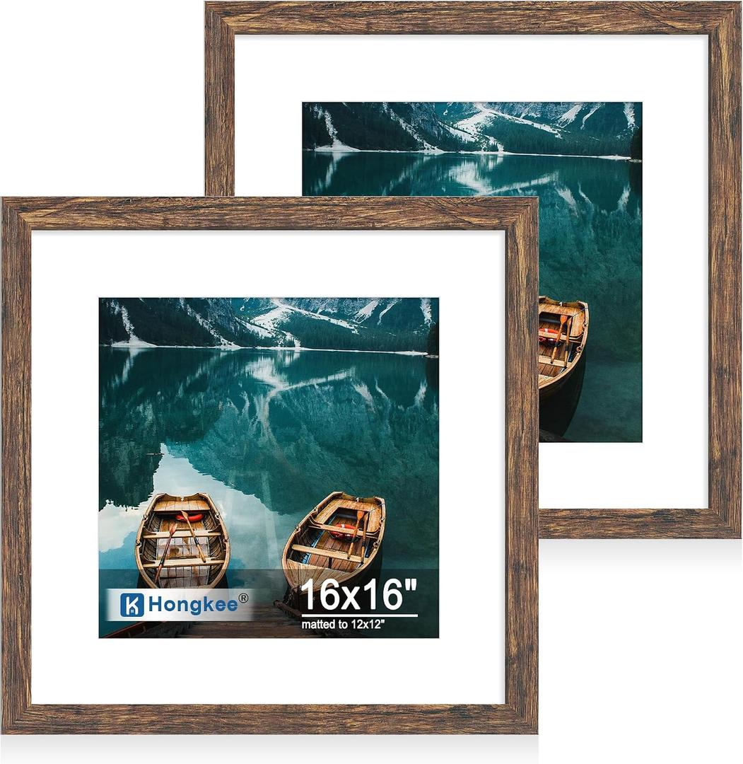 Hongkee 16x16 Frame Set of 2, Rustic Brown Wood Style - Display Square 12 x 12 with Mat or 16x16 without Mat, Wall Mounting Horizontal and Vertical