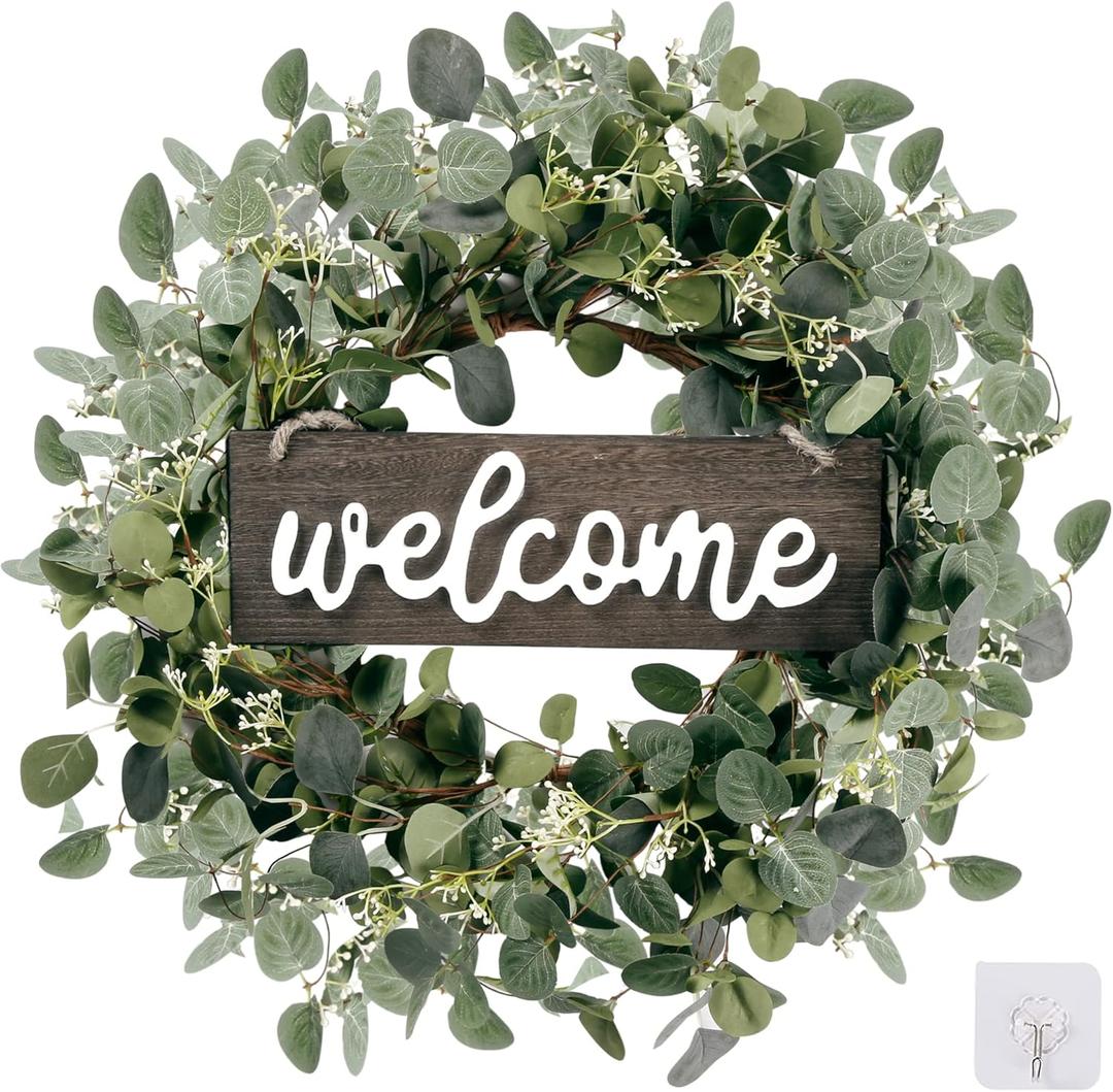 Sggvecsy Green Eucalyptus Leaf Wreath with Welcome Sign 20in Artificial Eucalyptus Wreath Spring Summer Wreath for Front Door Wall Window Farmhouse Festival Porch Patio Garden Decor