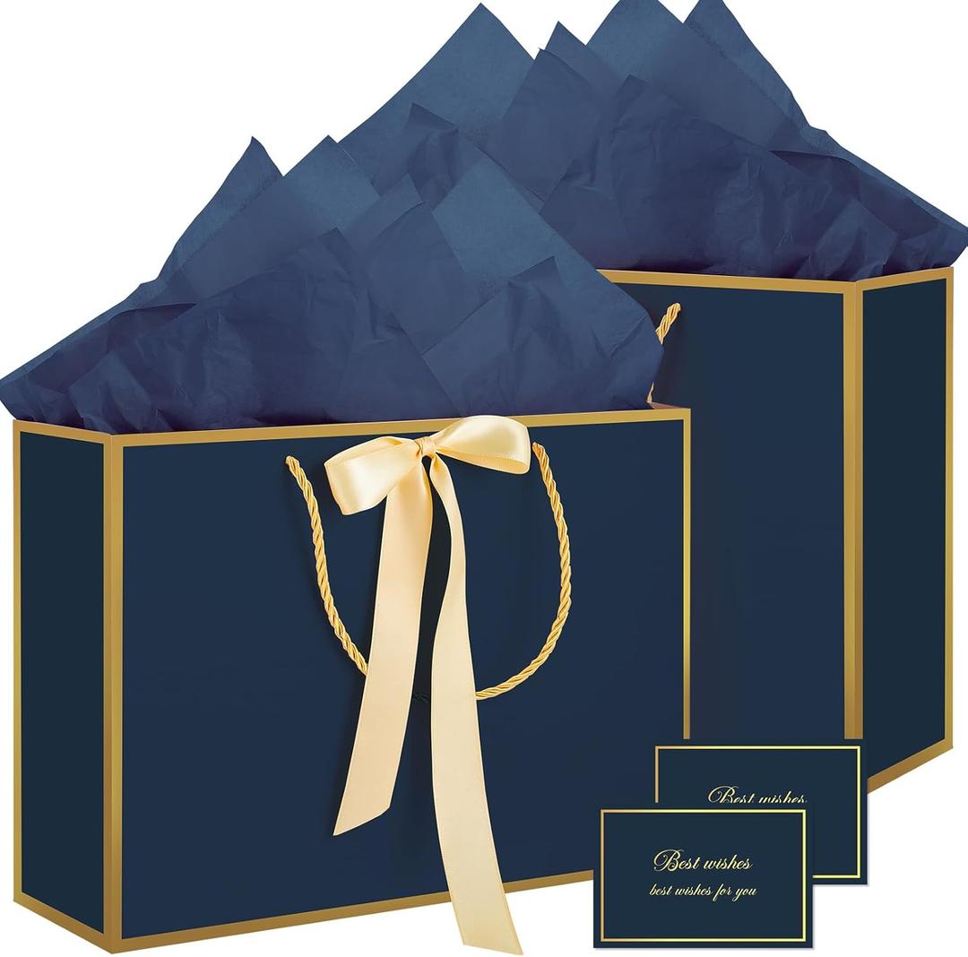 woric 13.7" Large Gift Bags with Handles, 2 Pack Navy Blue Paper Gift Bags with Tissue Ribbon and Card for Graduation Father's Day Men Birthday Party Wedding Celebrations