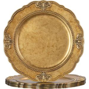 MAONAME 13" Gold Charger Plates Set of 6, Plastic Charger for Dinner Plates, Round Embossed Plate Chargers, Antique Chargers for Table Setting, Wedding
