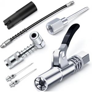 Grease Gun Accessory Kit,includes Grease Needle Dispenser, 2pcs Grease Needle Nozzles, 90 Degree Grease Coupler Adapter with Sleeves, Grease Gun Coupler, 12 Inch Grease-Gun-Hose, Zerk Fitting Cleaner