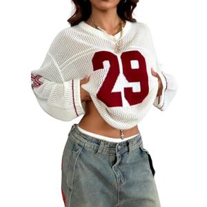 Verdusa Women's Y2k Crochet Tops Jersey Shirts Graphic Going Out Summer Outfits Oversized Streetwear Plus White 3X-Large Plus (Beige, XL)