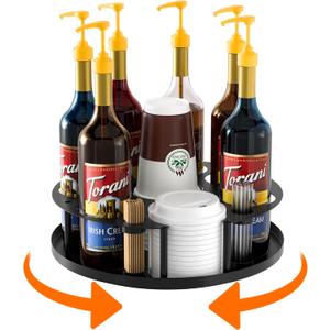 Coffee Syrup Organizer 8 Bottles, Rotating Coffee Syrup Holder with Stirrers Storage for Syrup Bottles, Cup and Lid, Wine Display, Syrup Rack Stand for Coffee Bar Organizer, Kitchen