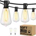 Brightever 50FT Outdoor String Lights Waterproof, 2700K Bright LED Patio Lights with 27 ST38 Shatterproof Vintage Bulbs, Retro Connectable Edison String Lights for Outside, Garden, Balcony, Porch (50FT-Warm White, Black Wire)