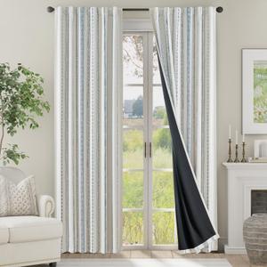jinchan 100% Blackout Curtains 90 Inches Long for Bedroom, Boho Insulated Curtains Blue Printed on Beige Geometric Drapes Back Tab Rod Pocket Room Darkening Retro Farmhouse Pattern 2 Panels