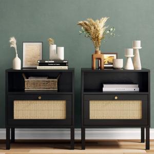 Angel Sar Rattan Night Stand Set 2, Boho Bedside Table Black Nightstand with Rattan Door, Storage Cabinet, Open Storage Space & Sturdy Metal Legs, Accent Bed Side Table, Wood End Tables Bedroom