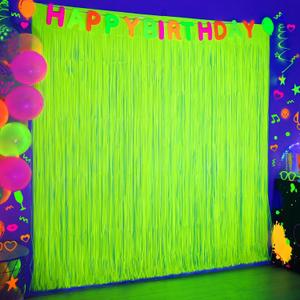 Mega-L Glow in The Dark Party Supplies, 2 Pack Neon Party Decorations 6.6 x 6.6 ft Fluorescent Macaron Yellow Tinsel Foil Fringe Curtains, Photo Booth Prop Backdrop Streamer, Blacklight Decorations