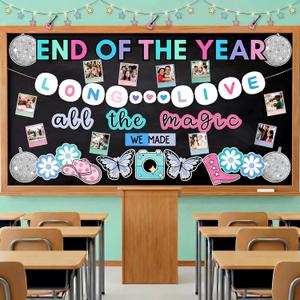 Gueevin 81 Pcs Graduation End of Year Bulletin Board Set Singer Class 2026 Bulletin Board Decorations DIY Photo Frame Boho Summer Classroom Decoration Letter Cutouts for Graduation Party Supplies