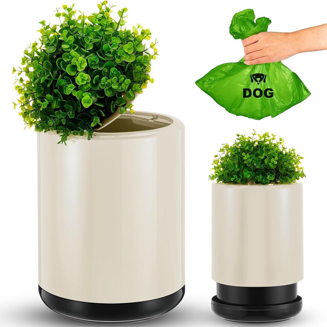 Jingmore Dog Poop Trash Can Outside 13 L/ 3. 4 Gal Dog Waste Trash Can with Lid, Plant-Styled, Double-Layer Design, Outdoor Garbage Container for Front Porch Backyard Office Patio(White)