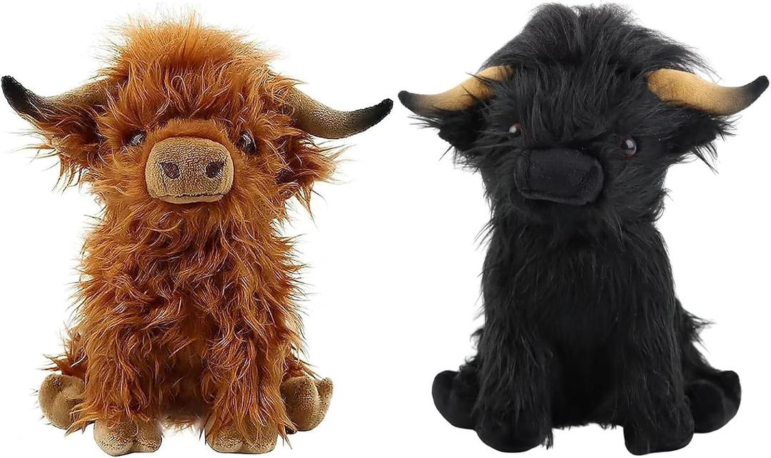 Scottish Highland Cow Plush Toys 11.8inch Soft and Cuddly Plush Stuffed Animals Suitable for Farm Home Decor,Gift for Kids (Brown&Black)