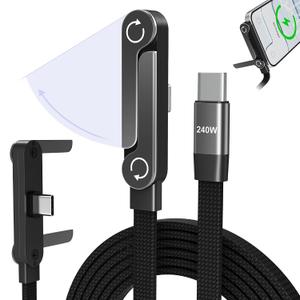 240W USB C to USB C Cable with Built-in Stand, 4.9FT T-Shaped 90° Flat Braided Fast Charger, Invisible Holder Charger Cable with Stand, Sideways Charging Cord for iPhone MacBook iPad