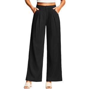 ISEEGZ 31'' Women's Linen Pants Wide Leg Work Dressy Pants Casual Slacks Business Trousers for Women with Pockets (Black, L)