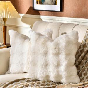 AmHoo Pack of 2 Throw Pillow Covers 3D Dense Faux Rabbit Fur Cozy Super Soft Fuzzy Set Case Cushion for Couch Sofa Bedroom 22 x 22-Inch, Cream White