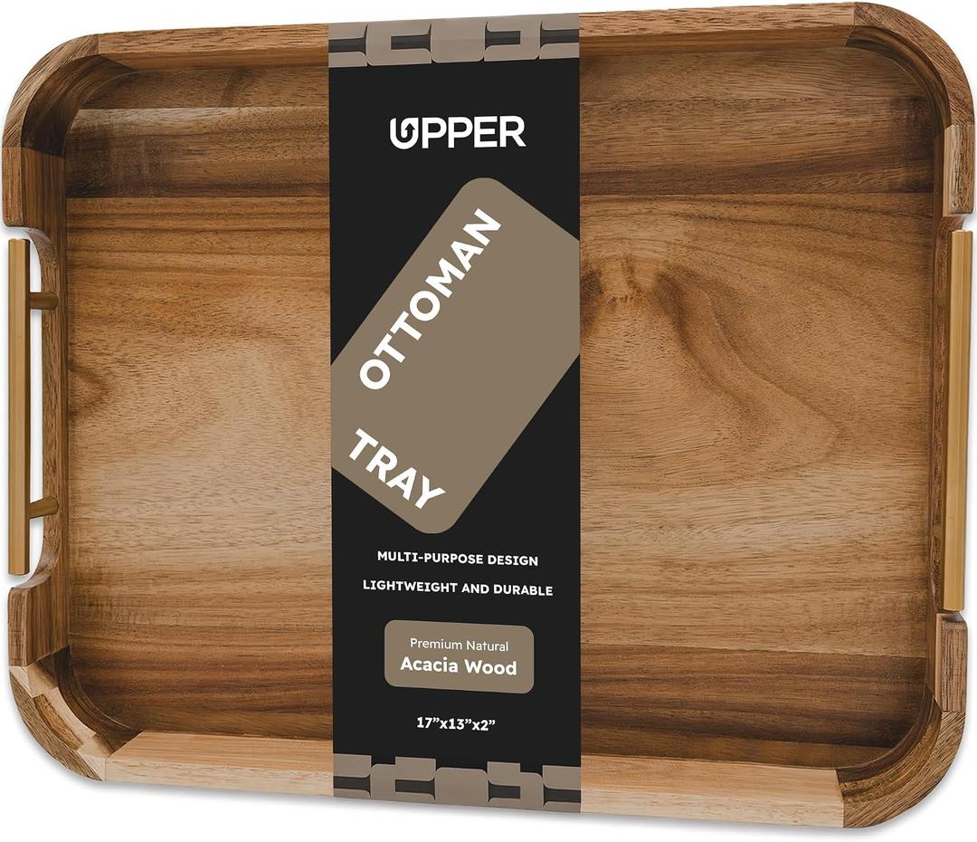 Upper Acacia Wood Ottoman Tray 17x13 Inches with Handles, Decorative Serving Tray for Coffee Table, Breakfast Tray with Anti-Skid Pads