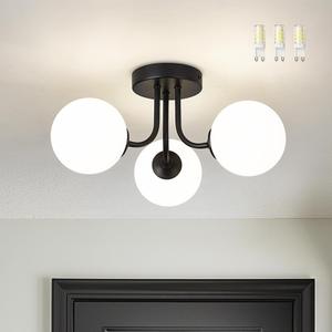 3-Globe Black Flush Mount Ceiling Light in a Modern Farmhouse Design is Ideal for Living Rooms, Bedrooms, or Dining Rooms. Model:CKCL4845-3W-BK(Bulb Incl)