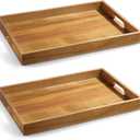2 Pack Acacia Wood Serving Tray with Handles - 17 Inch Large Wooden Tray for Ottoman, Breakfast in Bed, Dinner, Coffee Table 