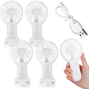 Woanger 4 Pcs Mini Handheld Fan Bulk 3 Speed USB Electric Battery Operated Small Portable Pocket Fan with Data Cable and Mounting Base Summer Gift for Wedding Camping Travel(White)