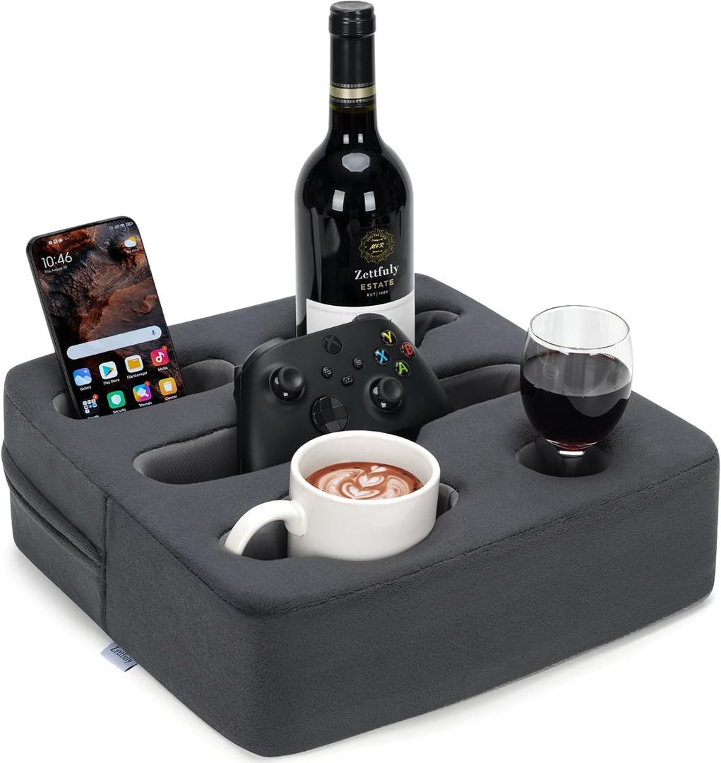 Couch Cup Holder Pillow - Sofa Cup Holder | Couch Caddy, Couch Drinks Remotes Holder for Cups, Headphones, Snacks and Phones | Use it on Car, Pack, Beach, RV, and More(Grey)