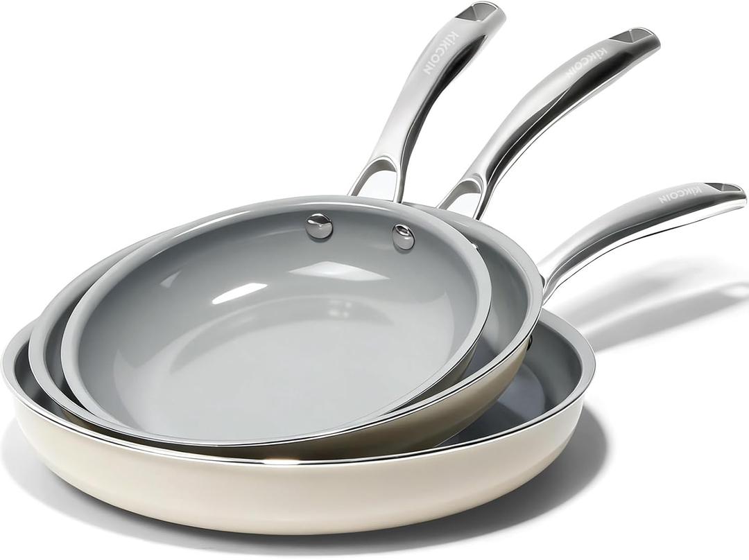 Kikcoin Non Stick Frying Pans, 3 Pack Ceramic Frying Pan for Cooking, 8+9.5+11 Inch Omelette Pans Set with Stay Cool Handle, Induction Ready, Free of PFAS PFOA PTFE, Oven/Dishwasher Safe