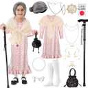 100 Days of School Old Lady Costume Set Grandma Dress Up Cosplay Accessories for Girls 13PCS (L8-10y, Apricot)