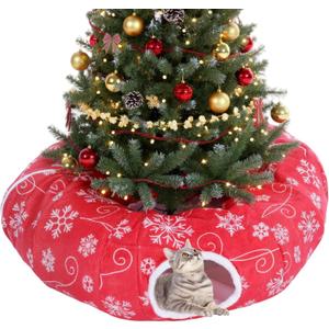 Christmas Tree Cat Tunnel Bed Cat Donut Tunnel Toy Under Christmas Tree Skirt, Flannel Kittens Cave Donut Multifunctional Hide Place for Rabbit Puppy, Snowflake Pattern(Red,White)