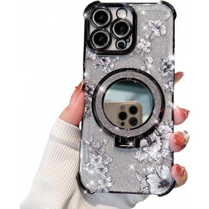 for iPhone 15 Pro Case with Diamond Mirror Kickstand,[Reinforced Conner Bumper][Glitter Bling Floral Design] Luxury Shinny Electroplated Edge for Women Girls-Black