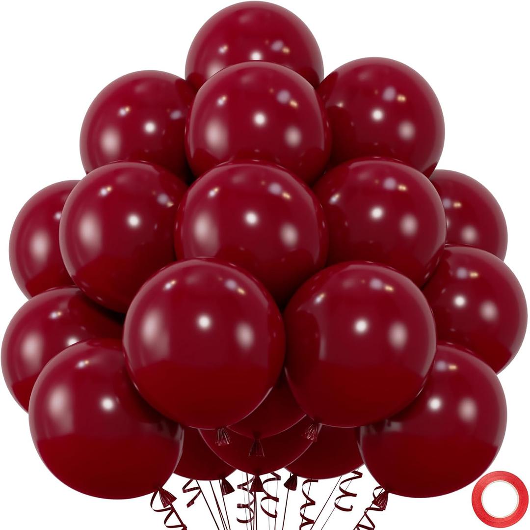 50pcs Burgundy Balloons,12 Inch Maroon Balloons for Birthday Wedding Baby Shower Valentines Day Party Decoration (With Ribbon & Adhesive Dots)