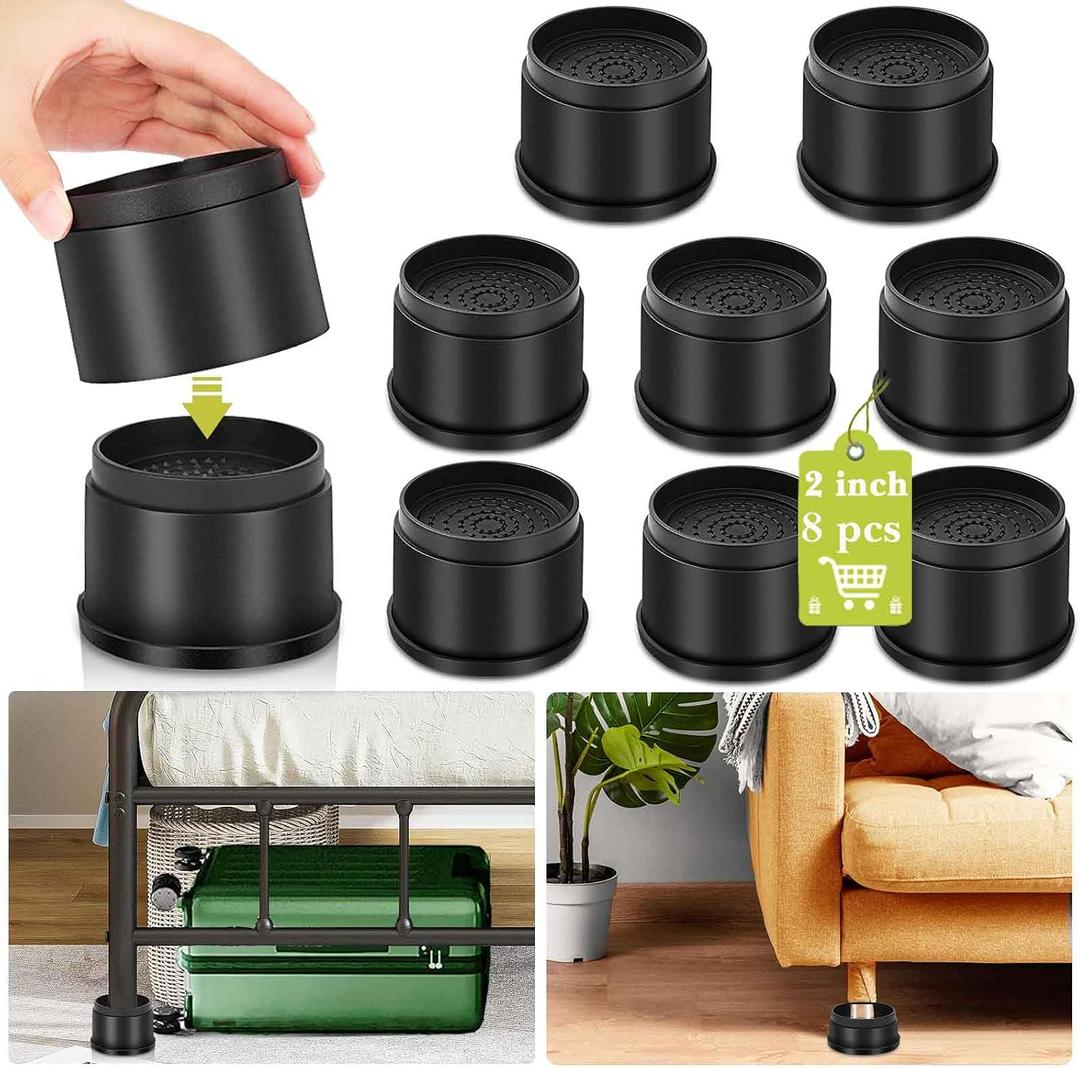 8 Pack Furniture Risers 2 or 4 Inch, Adjustable Bed Risers Heavy Duty for Table Desk Couch Chair Sofa Cabinet Bed Frame Dorm, Round Stackable Table Leg Risers Lift Height 2" or 4", Black