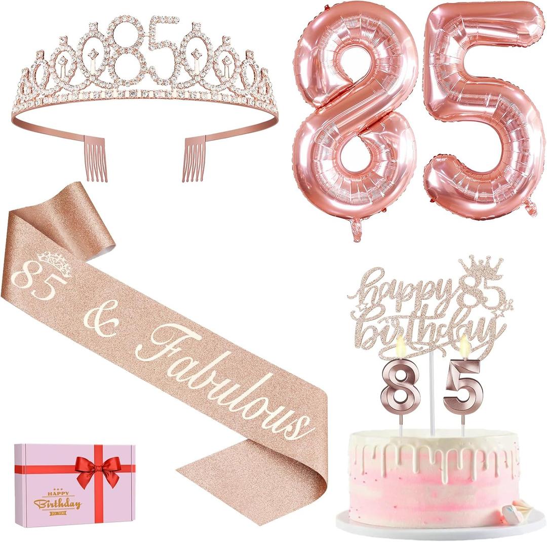 85th Birthday Party Decorations, Including 85th Birthday Sash and Crown, Cake Topper and Candles, Number Balloons, 85 Year Old Decorations Gifts Idea