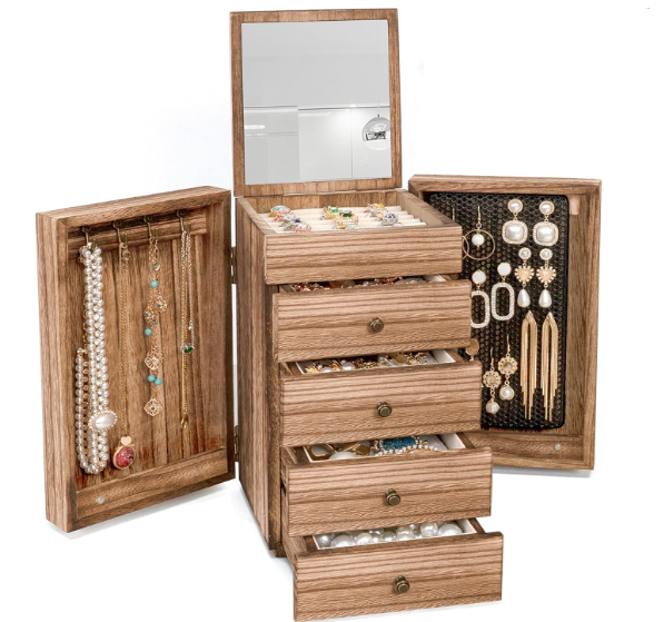 Meangood Jewelry Box Wood for Women, 5Layer Large Organizer Box with Mirror & 4 Drawers for Rings, Earrings, Necklaces, Vintage Style, Torched Wood