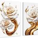 ZXHYWYM Abstract White & Gold Rose Wall Decor 2 Panels Elegant Blooming Rose Flowers Canvas Art Prints Paintings Modern Artwork Home Decor(White, (12.00" x 16.00" x 2PCS))