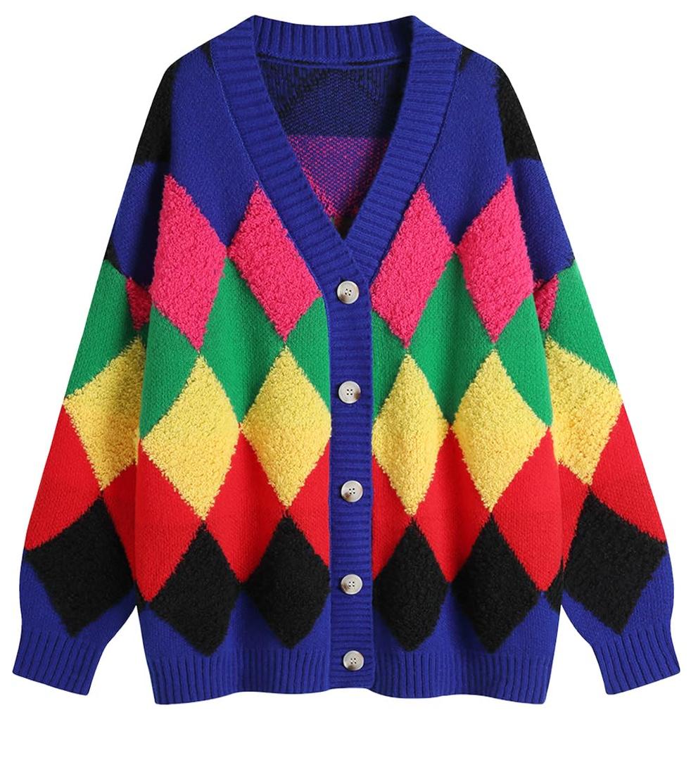 Ckikiou Women's Oversized Fall Winter Button Down Cute Color Block Knitted Chunky Sweater Cardigan Top